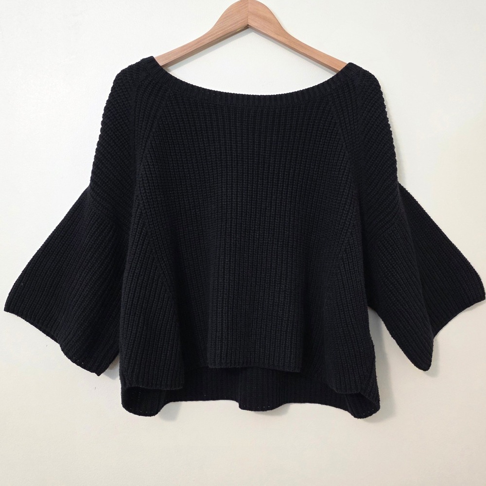 Free People Oversized Drop Sleeve Sweater Sz L Black Ribbed Chunky Knit Slouchy